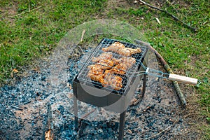 Chicken legs and wings are fried on coals in a brazier in a barbecue grill, marinated chicken is fried on a picnic
