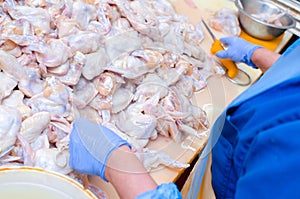 Chicken. Line of production of chicken delicacies. Smoked delicacy factory