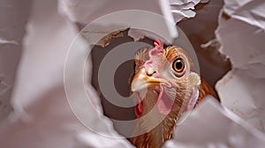 chicken looking up in pastel color paper side torn hole isolated. Generative Ai