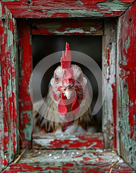 Chicken looks out of window. A white hen looking out the window of a chicken coop