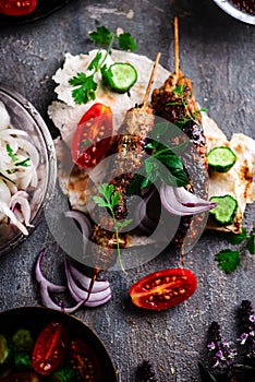 Chicken Lula Kebab with pita and adgika