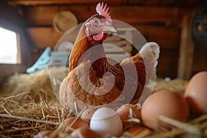 A chicken lying on a hay next to eggs. Sustainable and eco conscience household.