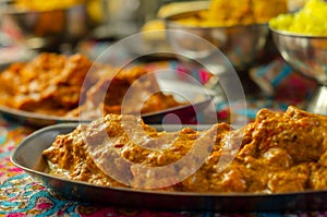 Chicken Madras and Chicken Tikka Masala with Pilau Rice, Naan Breads and, Onion Bhajis