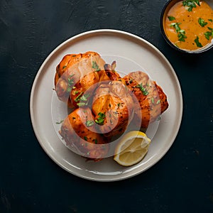 Chicken malai boti served with lemon on a plate