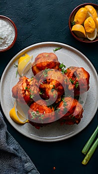 Chicken malai boti served with lemon on a plate