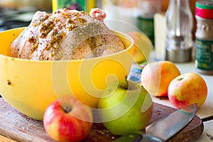 Chicken marinade and apples on the kitchen