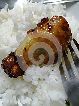 Chicken marinated in soy sauce, fried, hot steamed rice