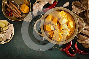 Chicken masala curry, spicy meat. Yellow chicken curry sauce. Spicy chicken curry dish. Traditional indian food, asian cuisine