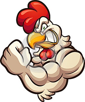 Strong cartoon chicken mascot flexing arm