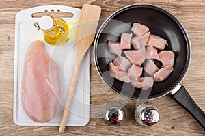 Chicken meat in frying pan, cutting board and vegetable oil