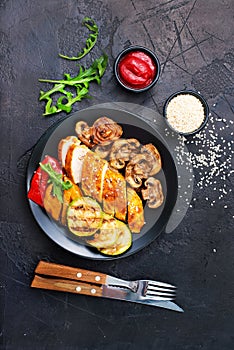 Chicken meat with grilled vegetables