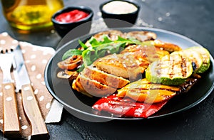 Chicken meat with grilled vegetables