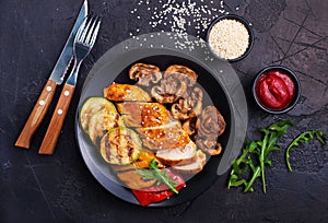 Chicken meat with grilled vegetables