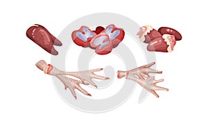 Chicken Meat Part with Feet and Hearts as Byproduct Vector Set