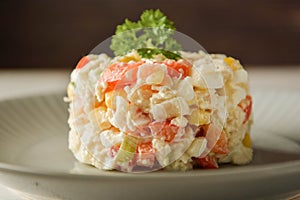 Chicken meat salad with mayonnaise and vegetables