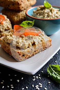 Chicken meat spread with onion, egg, mustard and dill