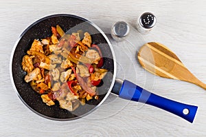 Chicken meat, sweet pepper in frying pan, pepper, salt, spoon