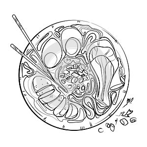 Chicken miso ramen soup bowl with chopsticks Line art drawing vector illustration. Japanese cuisine.Ramen top view