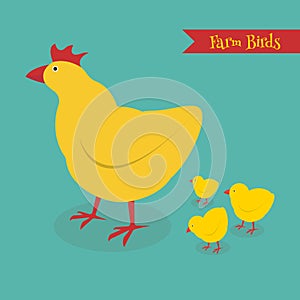 Chicken mother and chuk kid illustration. Cartoon chicken bird isolated on background.