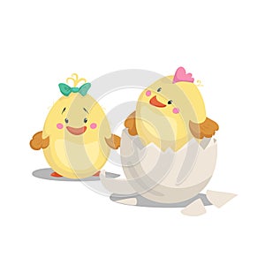 Chicken new born boy with crest in hatched egg and girl chick with green bow. Cartoon flat trendy design spring and new born baby