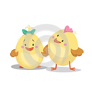 Chicken new born boy and girl chick. Cartoon flat trendy design spring and new born baby