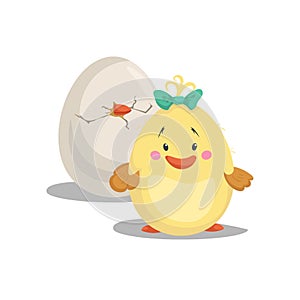 Chicken new born girl with green bow staying front hatched egg. Cartoon flat trendy design spring and new born baby