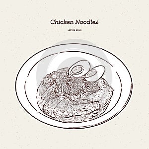 Chicken noodle with egg, hand draw sketch vector