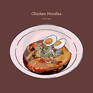 Chicken noodle with egg, hand draw sketch vector