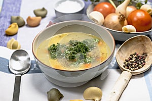 Chicken noodle soup with carrots and parsley