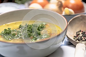 Chicken noodle soup with carrots and parsley