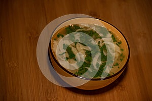 Chicken Noodle Soup. Chicken and noodle soup on an orange tablecloth in an orange plate. Food photography. Hot dish