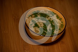 Chicken Noodle Soup. Chicken and noodle soup on an orange tablecloth in an orange plate. Food photography. Hot dish