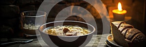 Chicken Noodle Soup On Stone Rustic Pub Wide Panoramic. Generative AI