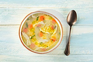 Chicken noodle soup with vegetables, a bowl of healthy stock with a spoon