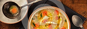 Chicken noodle soup with vegetables panorama, a bowl of healthy broth