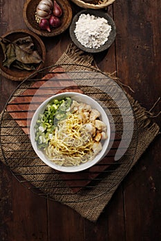 Chicken noodles, in Indonesia, called `Mie Ayam`.
