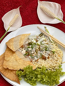 Chicken noodles soup with crackers and pickles