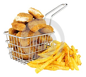 Chicken Nuggets And French Fries In A Small Wire Frying Basket