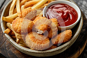 Chicken nuggets and fries with ketchup in ceramic bowl