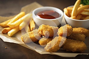 Crispy chicken nuggets, served with your choice of dipping sauce and a side of golden fries.