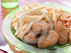 Chicken Nuggets with Spaghetti Hoops and Chips