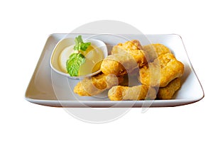 Chicken nuggets on white dish isolated  background,clipping path photo