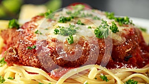 Chicken Parmesan with Cheese and Marinara Sauce served over spaghetti, pasta