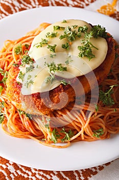 Chicken Parmigiana and pasta close-up on a plate. Vertical