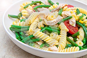 Chicken pasta salad with green beans and corn