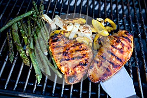 Chicken, peppers and asparagus on a barbecue