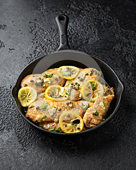 Chicken Piccata with capers, white wine sauce in iron cast pan. Italian food