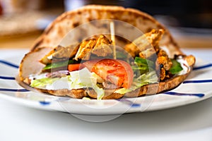 Chicken pieces in pita bread with vegetable salad( shawarma) on plate