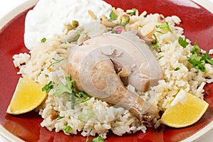 Chicken pilaf and yoghurt meal