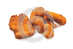 Chicken pile Breaded nuggets, crispy fry chicken breast, boneless meat, american deep fried crunchy fillet pieces on